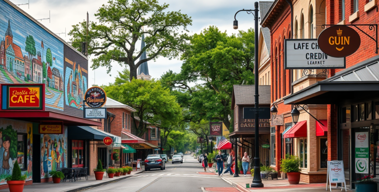 A vibrant street scene in Bossier City, Shreveport, LA (71162), showcasing a lively neighborhood with mural-covered walls depicting local history and Cajun cult