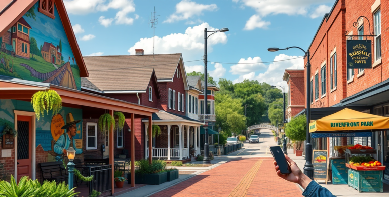 A vibrant street scene in Bossier City, LA (71166), showcasing a lively neighborhood with colorful murals depicting local history and community spirit, framed b