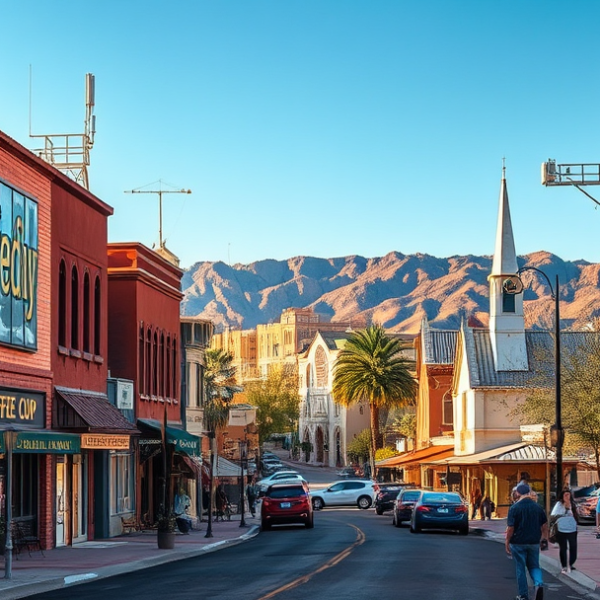 AT&T Coverage, Stores & Plans in Boulder City, Henderson NV 89002 A vibrant street scene in Boulder City, Henderson, NV 89002, capturing the neighborhood's charming blend of historic and modern elements: murals depicting vinta