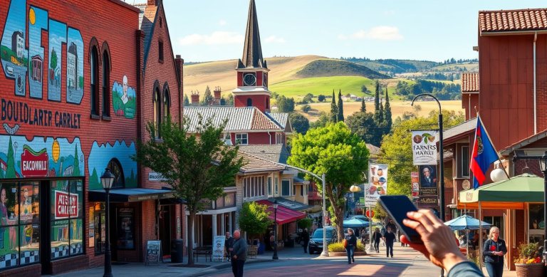 A vibrant street scene in Boulevard Park, Sacramento, CA 95840, showcasing a diverse neighborhood with colorful murals depicting local history and community lif