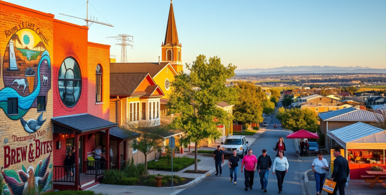 A vibrant street scene in Boulevard Park, Sacramento, CA 95867, showcasing a diverse neighborhood with colorful murals depicting local history and community spi