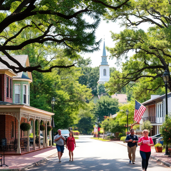 AT&T Coverage, Stores & Plans in Bowdon Junction, Carrollton GA 30118 A vibrant street scene in Bowdon Junction, Carrollton, GA (30118), showcasing charming historic houses with wraparound porches and colorful siding, nestled alon