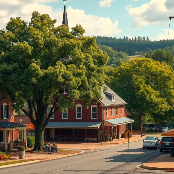 AT&T Coverage, Stores & Plans in Bowdon Junction, Carrollton GA 30119 A realistic street scene in Bowdon Junction, Carrollton, GA 30119, showcasing a cozy neighborhood with charming brick and wood-framed houses featuring quaint po