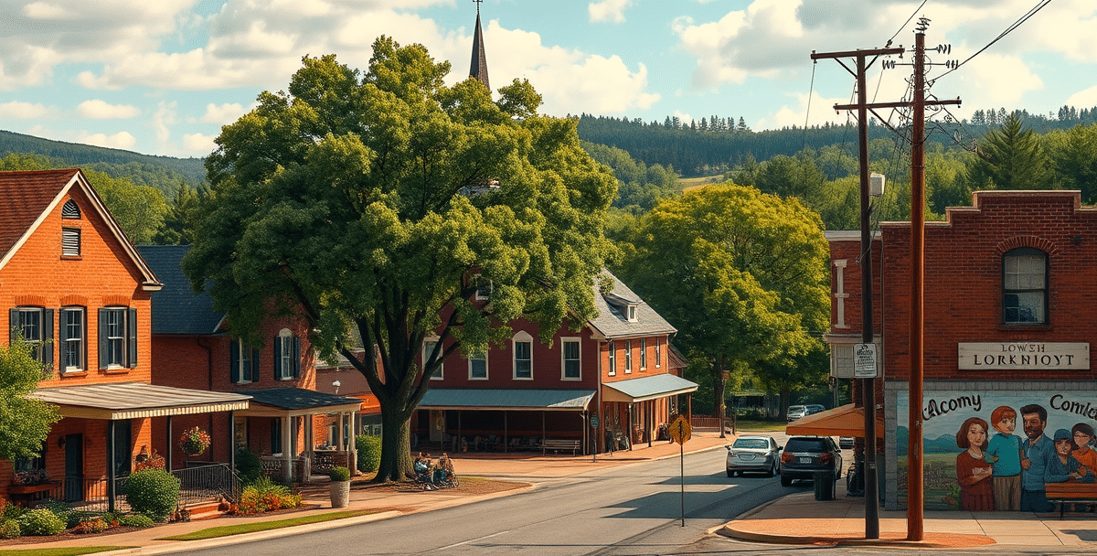 A realistic street scene in bowdon junction, carrollton, ga 30119, showcasing a cozy neighborhood with charming brick and wood-framed houses featuring quaint po