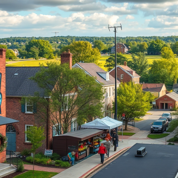 AT&T Coverage, Stores & Plans in Bowie Town Center, Bowie MD 20716 A vibrant street scene in Bowie Town Center, Bowie, MD 20716, showcasing a bustling neighborhood with a mural depicting local history on a brick wall—featuring