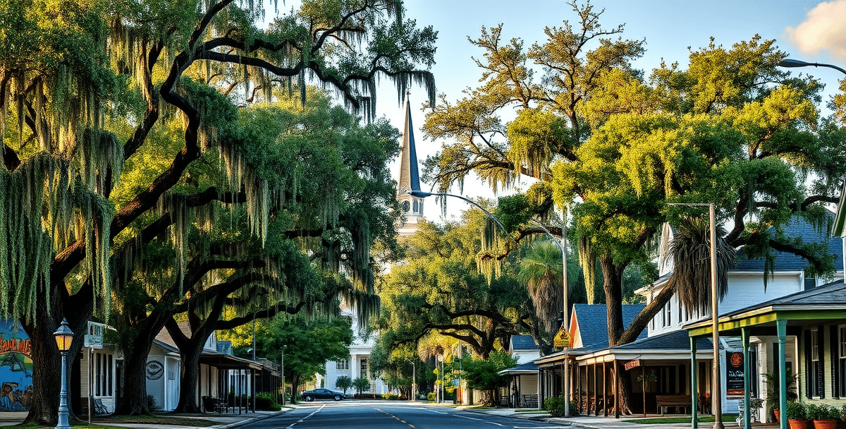 A vibrant street scene in braden river, bradenton, fl (34203), showcasing lush, mature oak trees draped with spanish moss lining a quiet neighborhood street. In