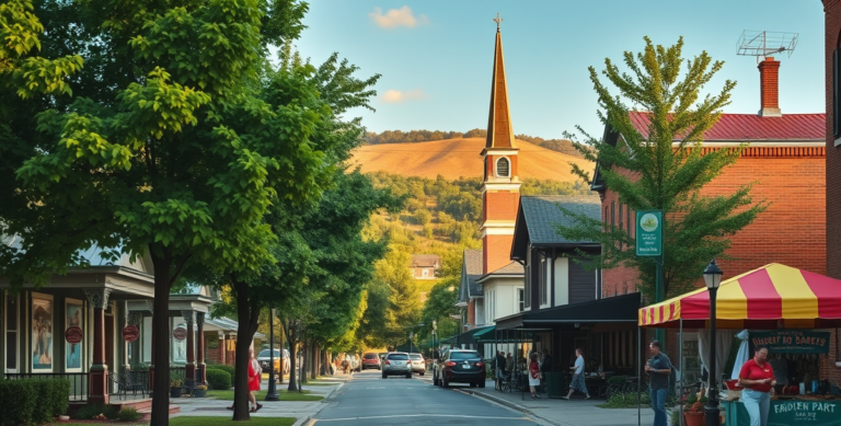A vibrant street scene in Bradford Park, Springfield, MO 65890, showcasing lush green trees lining quiet sidewalks with charming early 20th-century Craftsman-st
