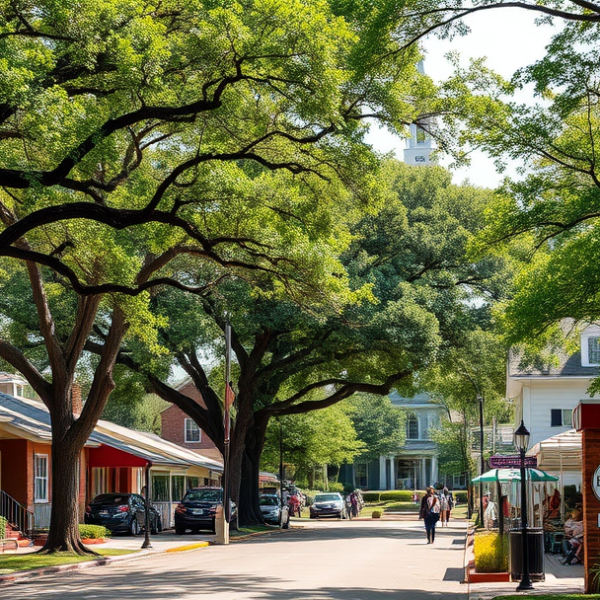 AT&T Coverage, Stores & Plans in Braeswood, Houston TX 77025 A vibrant street scene in Braeswood, Houston, TX 77025, showcasing a lush neighborhood with mature oak and magnolia trees lining the sidewalk, their leaves cast