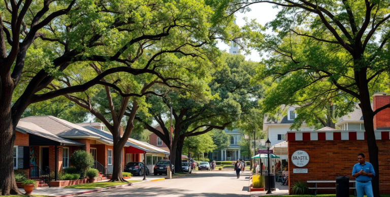 A vibrant street scene in Braeswood, Houston, TX 77025, showcasing a lush neighborhood with mature oak and magnolia trees lining the sidewalk, their leaves cast