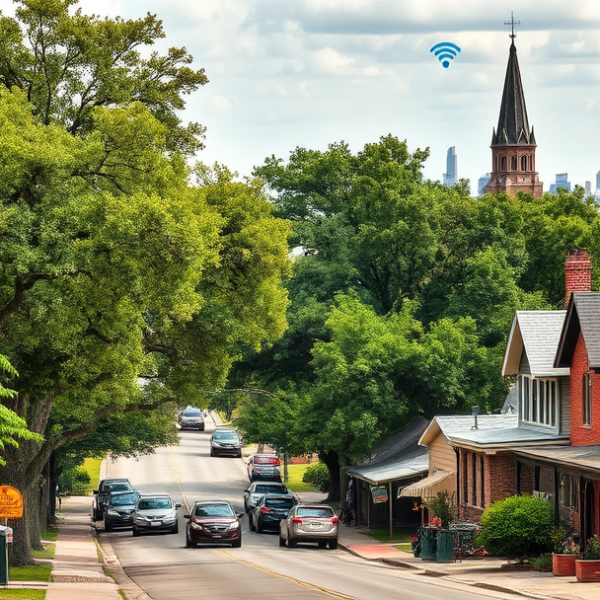 AT&T Coverage, Stores & Plans in Braeswood, Houston TX 77225 A vibrant street scene in Braeswood, Houston, TX 77225, showcasing lush greenery and mature oak trees lining the neighborhood. In the background, the colorful m