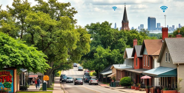 A vibrant street scene in Braeswood, Houston, TX 77225, showcasing lush greenery and mature oak trees lining the neighborhood. In the background, the colorful m