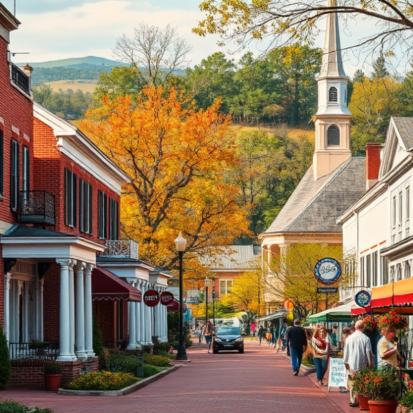 AT&T Coverage, Stores & Plans in Brentwood, Franklin TN 37065 A vibrant street scene in Brentwood, Franklin, TN (37065), featuring charming historic homes with brick facades, porches with rocking chairs, and lush landscapi