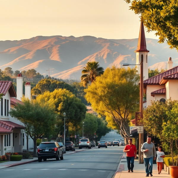 AT&T Coverage, Stores & Plans in Brentwood, Los Angeles CA 90049 A realistic, aspirational street scene in Brentwood, Los Angeles, CA 90049, showcasing lush tree-lined streets with mid-century modern and Mediterranean-style h