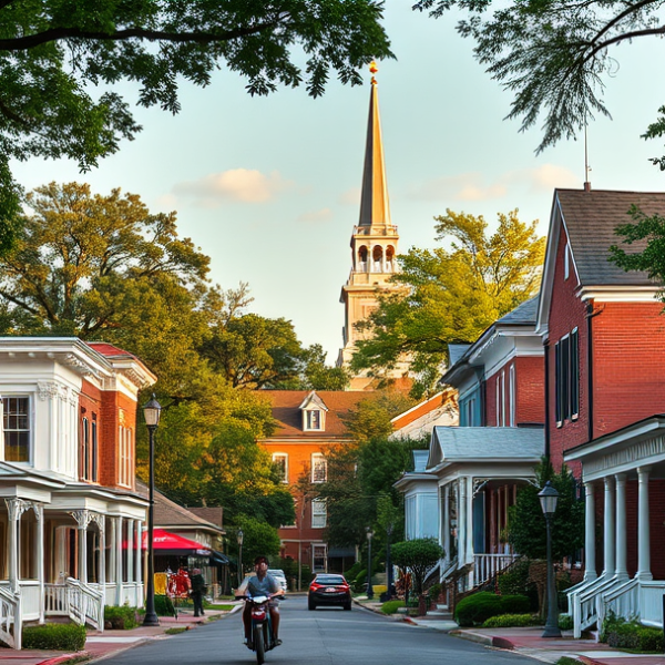 AT&T Coverage, Stores & Plans in Brentwood, Montgomery AL 36125 A vibrant street scene in Brentwood, Montgomery, AL 36125, showcasing a charming neighborhood with colorful historic homes featuring brick facades and white por