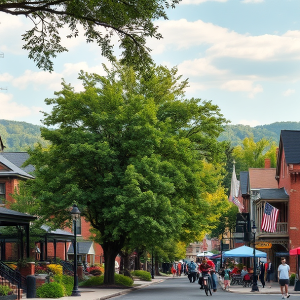 AT&T Coverage, Stores & Plans in Brentwood, Pittsburgh PA 15227 A vibrant street scene in Brentwood, Pittsburgh, PA 15227, featuring charming early 20th-century brick houses with colorful porches and gabled roofs, lined alon