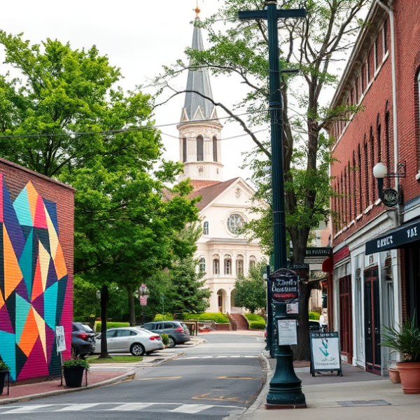 AT&T Coverage, Stores & Plans in Brentwood, Washington DC 20042 A vibrant street scene in Brentwood, Washington, DC (20042), featuring a mural of colorful, abstract geometric patterns on a brick wall of a local community cen
