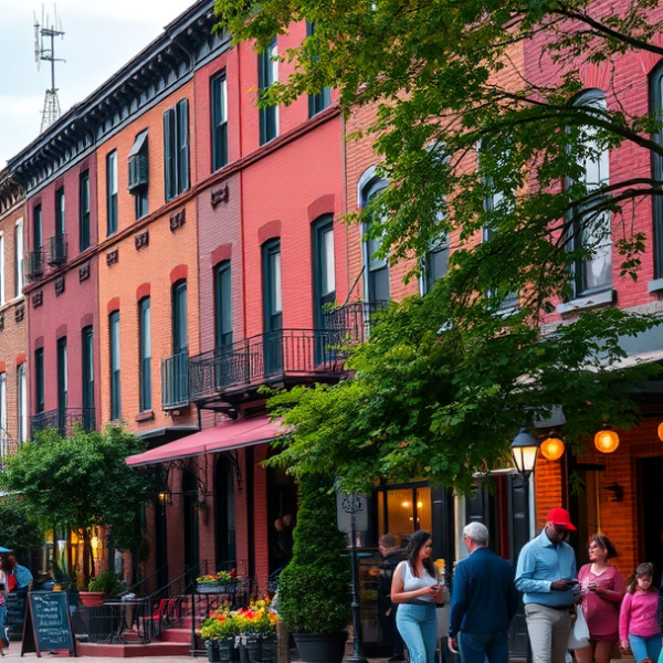 AT&T Coverage, Stores & Plans in Brentwood, Washington DC 20090 A vibrant street scene in Brentwood, Washington, DC (20090), showcasing a mix of historic rowhouses with brick facades, decorative ironwork, and lush front gard