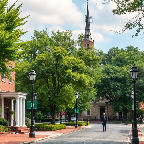 AT&T Coverage, Stores & Plans in Brentwood, Washington DC 20207 A realistic, aspirational street scene in Brentwood, Washington, DC (20207), showcasing tree-lined streets with historic brick and Colonial Revival-style homes