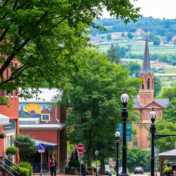 AT&T Coverage, Stores & Plans in Brentwood, Washington DC 20370 A vibrant street scene in Brentwood, Washington, DC (20370), showcasing a mix of historic brick rowhouses with ornate cornices and lush tree-lined sidewalks. In