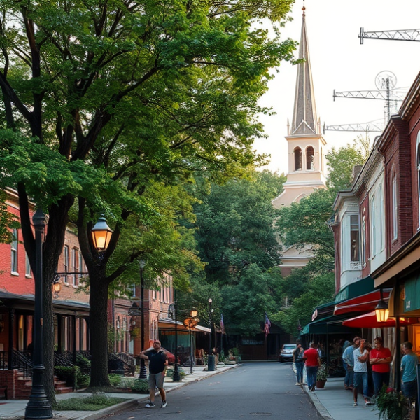 AT&T Coverage, Stores & Plans in Brentwood, Washington DC 20389 A vibrant street scene in Brentwood, Washington, DC (20389), showcasing a mix of historic row houses with brick facades and charming Craftsman cottages lining t