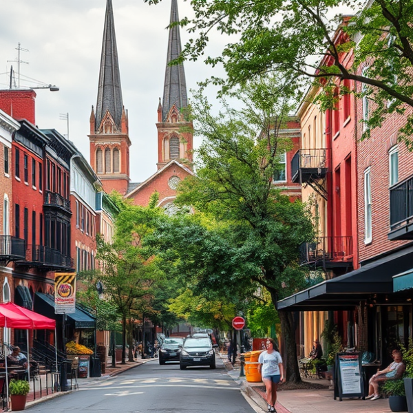 AT&T Coverage, Stores & Plans in Brentwood, Washington DC 20456 A vibrant street scene in Brentwood, Washington, DC (20456), showcasing a mix of historic and modern architecture with brick rowhouses and mid-century single-fa