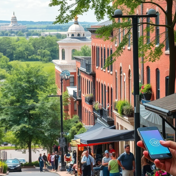 AT&T Coverage, Stores & Plans in Brentwood, Washington DC 20525 A vibrant street scene in Brentwood, Washington, DC 20525, showcasing a neighborhood with historic brick townhouses and charming row houses, their facades adorn
