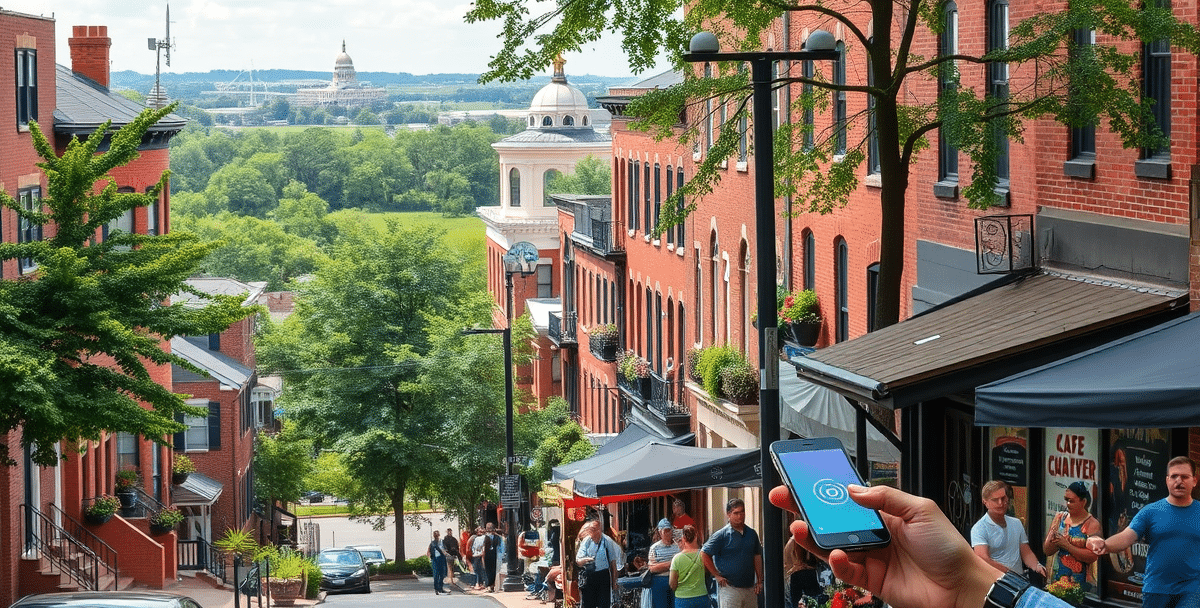 A vibrant street scene in brentwood, washington, dc 20525, showcasing a neighborhood with historic brick townhouses and charming row houses, their facades adorn