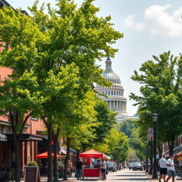 AT&T Coverage, Stores & Plans in Brentwood, Washington DC 20539 A vibrant street scene in Brentwood, Washington, DC 20539, showcasing a mix of historic brick rowhouses and modern townhomes with ornate ironwork, lush green tr