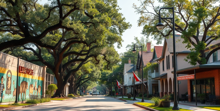 A vibrant street scene in Briar Forest, Houston, TX 77282, showcasing lush greenery and mature oak trees lining the neighborhood. In the background, a mural dep