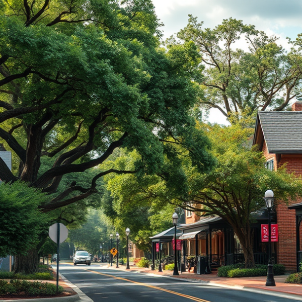 AT&T Coverage, Stores & Plans in Briarcliff Heights, Atlanta GA 30329 A vibrant street scene in Briarcliff Heights, Atlanta, GA 30329, showcasing lush greenery and mature oak trees lining the neighborhood. In the background, the i