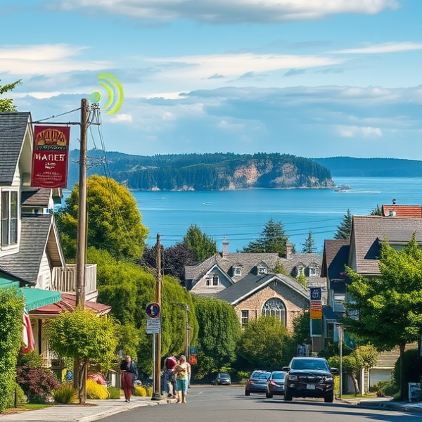 AT&T Coverage, Stores & Plans in Briarcliff, Seattle WA 98199 A vibrant street scene in Briarcliff, Seattle, WA 98199, showcasing lush greenery and views of Elliott Bay in the distance. Cozy homes with craftsman and mid-ce