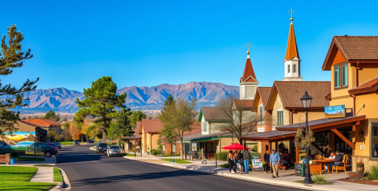A vibrant street scene in Briargate, Colorado Springs, CO 80923, showcasing a suburban neighborhood with modern ranch-style homes and well-manicured lawns. In t
