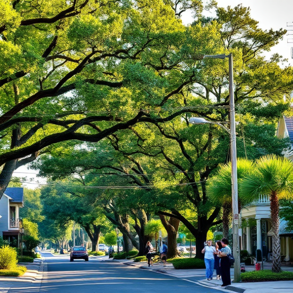 AT&T Coverage, Stores & Plans in Briarwood, Jackson MS 39215 A vibrant street scene in Briarwood, Jackson, MS 39215, showcasing lush greenery and mature oak trees lining a welcoming neighborhood street with charming, well