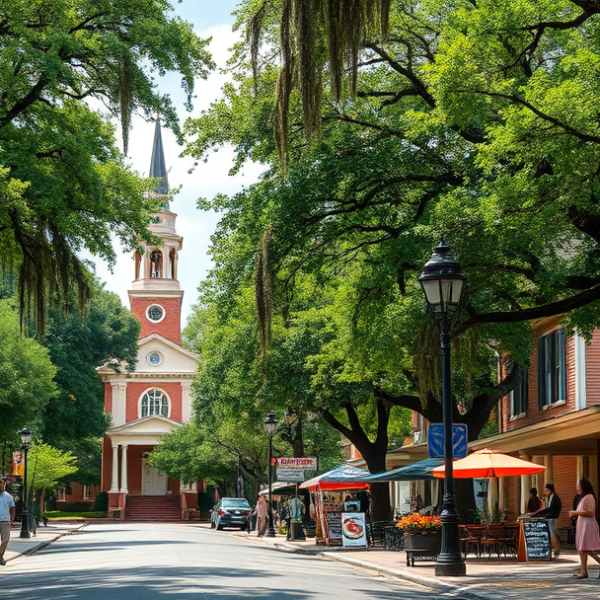 AT&T Coverage, Stores & Plans in Briarwood, Jackson MS 39269 A vibrant street scene in Briarwood, Jackson, MS 39269, showcasing a charming neighborhood with lush greenery and mature oak trees lining the sidewalks, their S