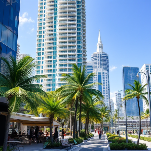 AT&T Coverage, Stores & Plans in Brickell, Miami FL 33179 A vibrant street scene in Brickell, Miami, FL 33179, showcasing sleek modern skyscrapers with glass facades reflecting the bright Florida sun, alongside lush tr