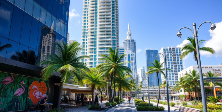 A vibrant street scene in Brickell, Miami, FL 33179, showcasing sleek modern skyscrapers with glass facades reflecting the bright Florida sun, alongside lush tr