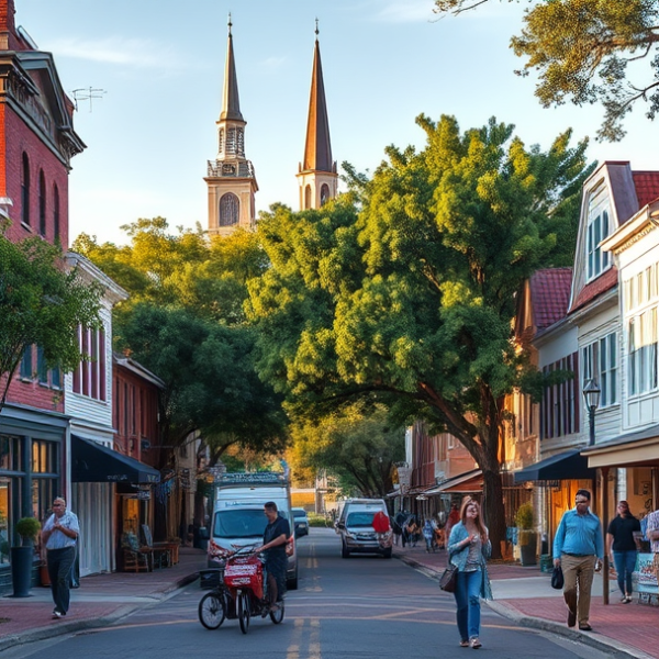 AT&T Coverage, Stores & Plans in Bridgeton, New Bern NC 28562 A vibrant street scene in Bridgeton neighborhood, New Bern, NC 28562, featuring colorful murals depicting local history and community life on brick walls, with