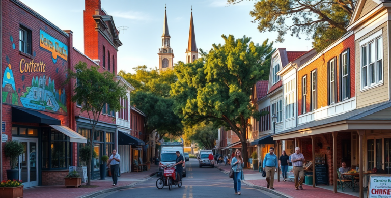 A vibrant street scene in Bridgeton neighborhood, New Bern, NC 28562, featuring colorful murals depicting local history and community life on brick walls, with