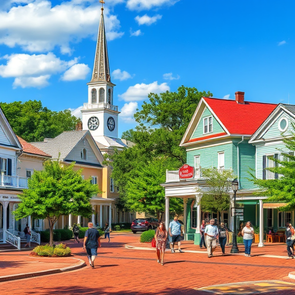 AT&T Coverage, Stores & Plans in Bridgeton, New Bern NC 28563 A vibrant street scene in Bridgeton, New Bern, NC 28563, showcasing charming historic homes with pastel-colored facades, ornate porches, and brick sidewalks. In