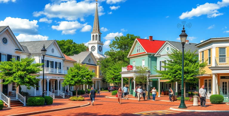 A vibrant street scene in Bridgeton, New Bern, NC 28563, showcasing charming historic homes with pastel-colored facades, ornate porches, and brick sidewalks. In