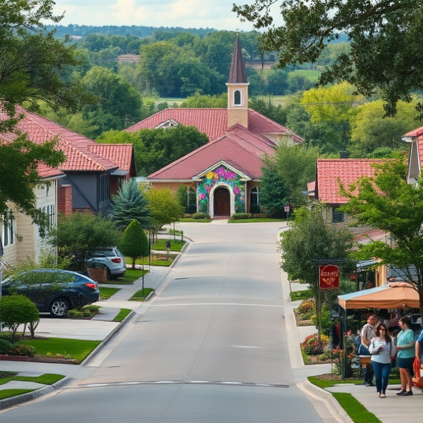 T-Mobile Plans, Coverage & Stores in Bridgewater Village, Katy TX 77449 A vibrant street scene in Bridgewater Village, Katy, TX (77449), showcasing charming suburban homes with varied architecture—some with brick facades, Mediterran