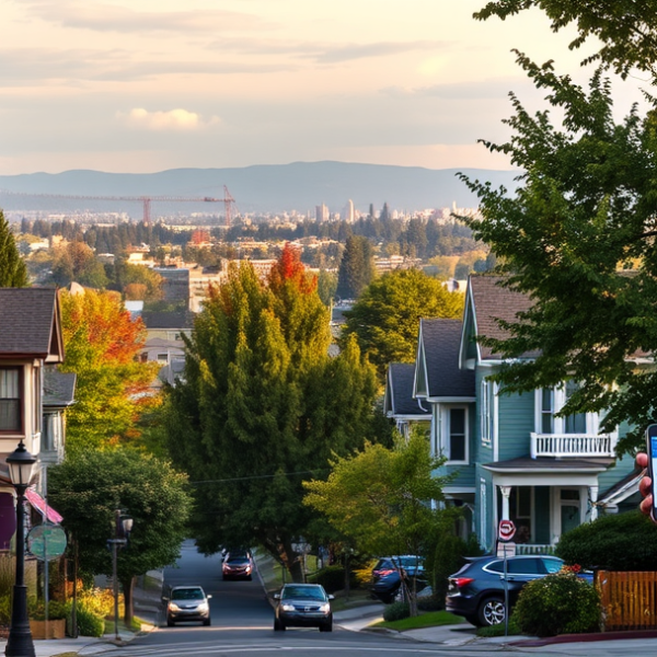 AT&T Coverage, Stores & Plans in Bridlemile, Portland OR 97221 A vibrant street scene in Bridlemile, Portland, OR 97221, showcasing tree-lined residential streets with charming Craftsman and mid-century modern houses featur