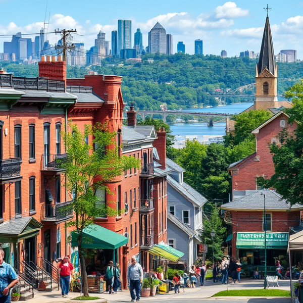 AT&T Coverage, Stores & Plans in Brighton Heights, Pittsburgh PA 15212 A vibrant street scene in Brighton Heights, Pittsburgh, PA 15212, showcasing a mix of historic brick rowhouses with ornate iron balconies and colorful murals ad