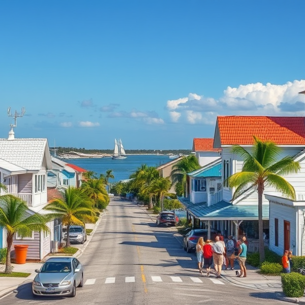AT&T Coverage, Stores & Plans in Briny Breezes, Boynton Beach FL 33435 A realistic street scene in Briny Breezes, Boynton Beach, FL, showcasing charming pastel-colored waterfront cottages with vintage Florida architecture, featurin