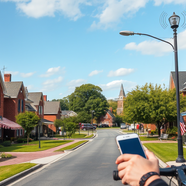 AT&T Coverage, Stores & Plans in Bristol Township, Levittown PA 19055 A vibrant street scene in Bristol Township, Levittown, PA 19055, showcasing a quaint neighborhood with charming single-family homes featuring brick facades, pit