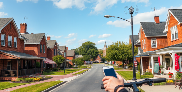 A vibrant street scene in Bristol Township, Levittown, PA 19055, showcasing a quaint neighborhood with charming single-family homes featuring brick facades, pit