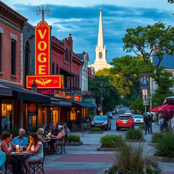 AT&T Coverage, Stores & Plans in Broad Ripple, Indianapolis IN 46230 A vibrant street scene in Broad Ripple, Indianapolis, IN 46230, showcasing colorful murals adorning local cafés and shops, with the iconic Vogue Theatre marquee