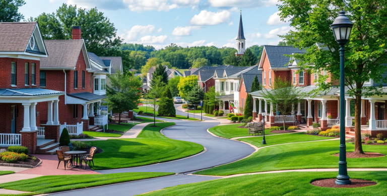 A vibrant street scene in Broadlands, Leesburg, VA (20175), showcasing lush green lawns and winding sidewalks lined with charming suburban houses featuring bric