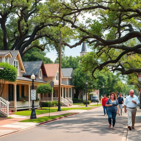 AT&T Coverage, Stores & Plans in Broadmoor, Baton Rouge LA 70811 A vibrant street scene in Broadmoor, Baton Rouge, LA (70811), showcasing charming early-20th-century Craftsman bungalows with inviting porches and lush landscap
