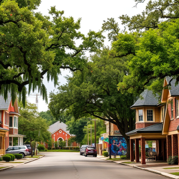 AT&T Coverage, Stores & Plans in Broadmoor, Baton Rouge LA 70817 A vibrant street scene in Broadmoor, Baton Rouge, LA 70817, showcasing lush, mature oak and cypress trees lining a charming neighborhood street with historic Cr